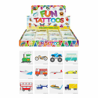TATUAJES DIVERTIDOS - MODELO: VEH&Iacute;CULOS, Cada paquete 12x Tatuajes EN EXPOSITOR (48 uds.)